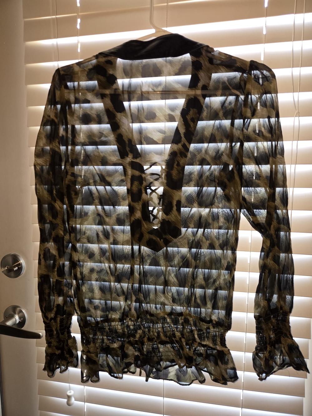 Peppe Peluso Olive and Black Camo Studded Lace-Up Sheer Blouse - Picture 3 of 6